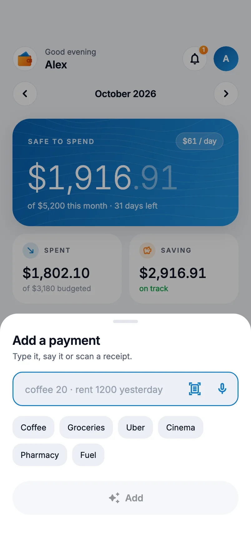 Add a payment sheet with a text box, scan and microphone buttons and quick suggestions such as Coffee, Groceries and Uber