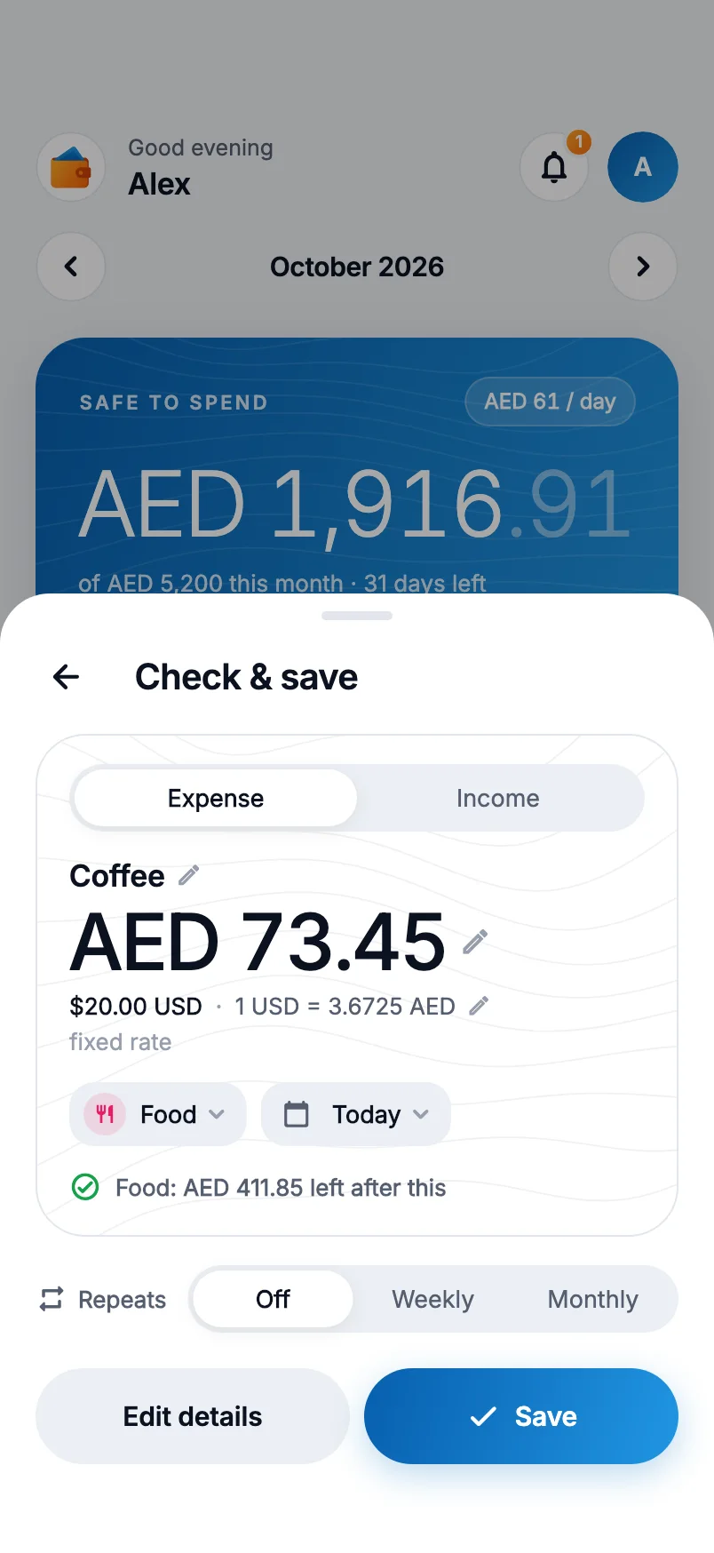 Check and save screen for a coffee paid in dollars: AED 73.45, from $20.00 USD at the fixed rate 1 USD = 3.6725 AED