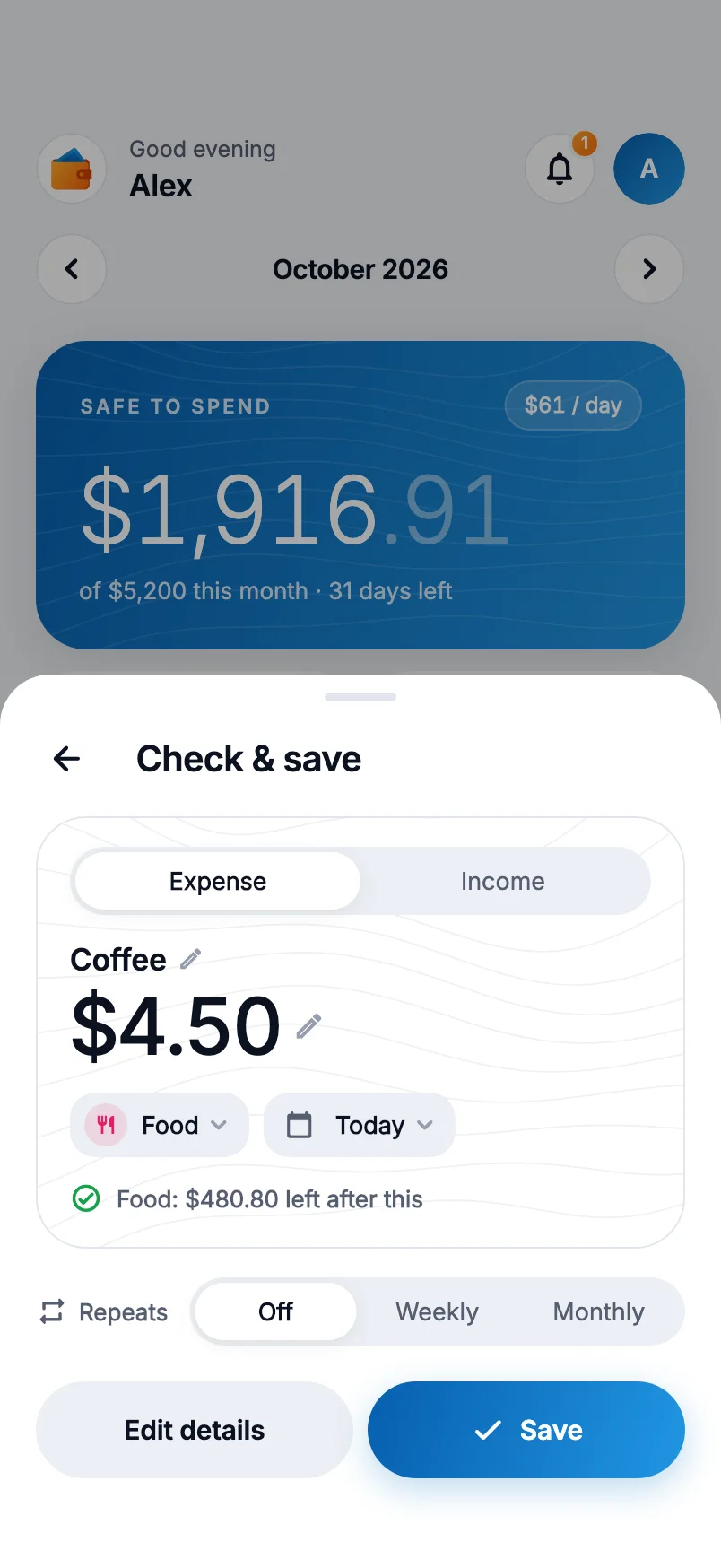 Check and save screen: Coffee, $4.50, Food envelope, today, with $480.80 left in Food after this payment