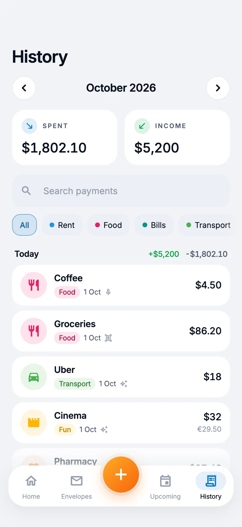 History screen: payments grouped by day with envelope tags, a search box and envelope filters