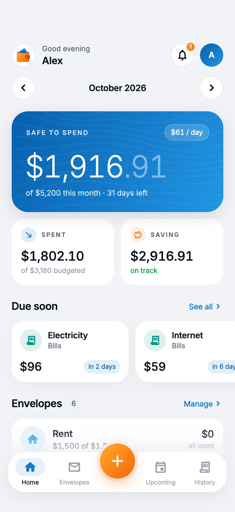 WalletPro AI home screen: Safe to spend $1,916.91 of $5,200 this month, $61 a day, spent and saving cards, bills due soon and envelopes