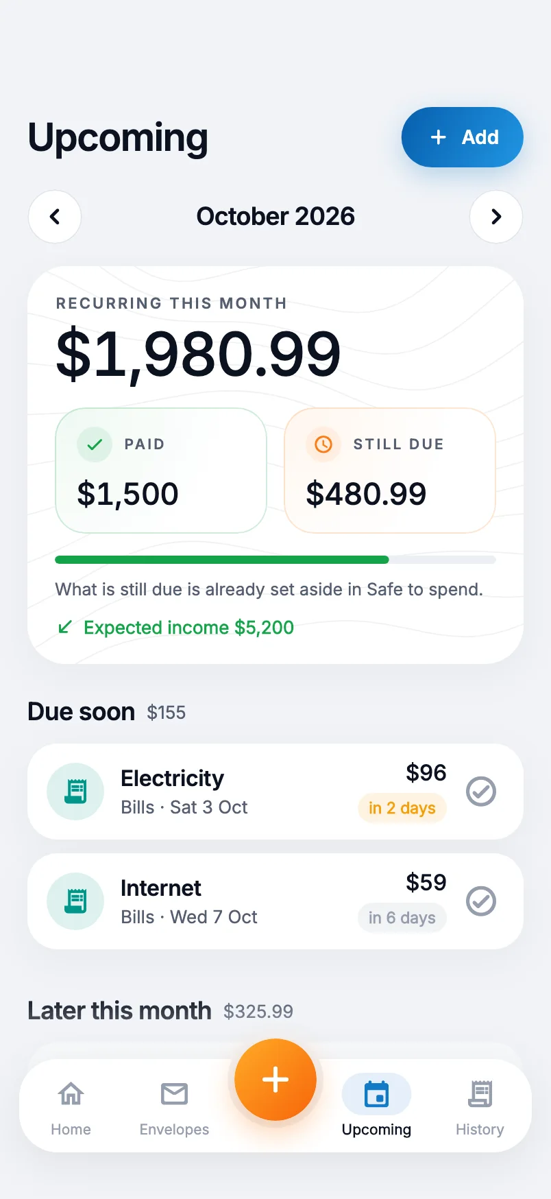 Upcoming screen: $1,980.99 recurring this month, $1,500 paid and $480.99 still due, with electricity due in 2 days and internet in 6 days